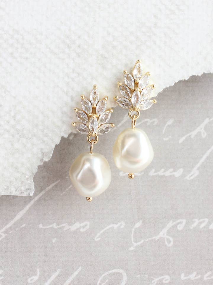 Glass Leaf Post Earrings | Baroque Pearl | Gold or Silver for wholesale by A Pocket of Posies