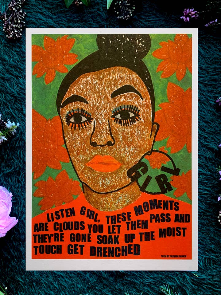 A4 risograftryk, feministisk citat, motiverende vægkunst for engroshandel hos Mahin Hussain