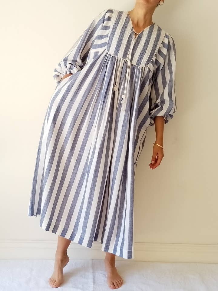 Cotton Conscious - Wholesale Dress - Women's - Organic Cotton Quilted Maxi Dress – Blue Striped, Pockets, 6