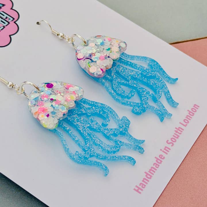 By Heather Filby - Wholesale Dangle Earrings - Blue Iridescent Jellyfish Glitter Earrings - Best Seller3