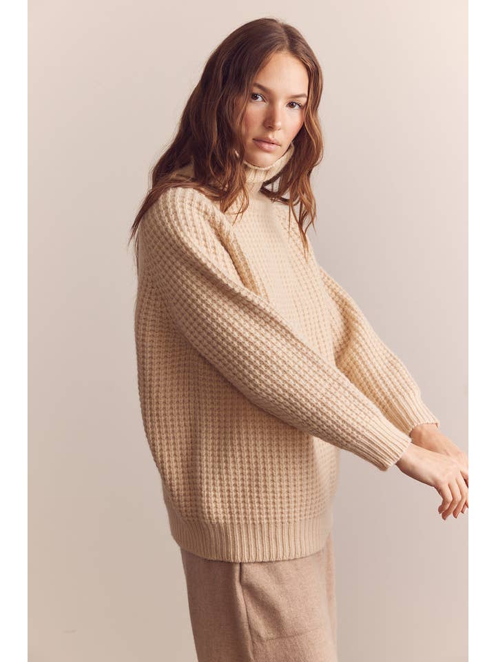 Crema Jersey tipo gofre de lana con cuello alto de venta al por mayor en Faire9