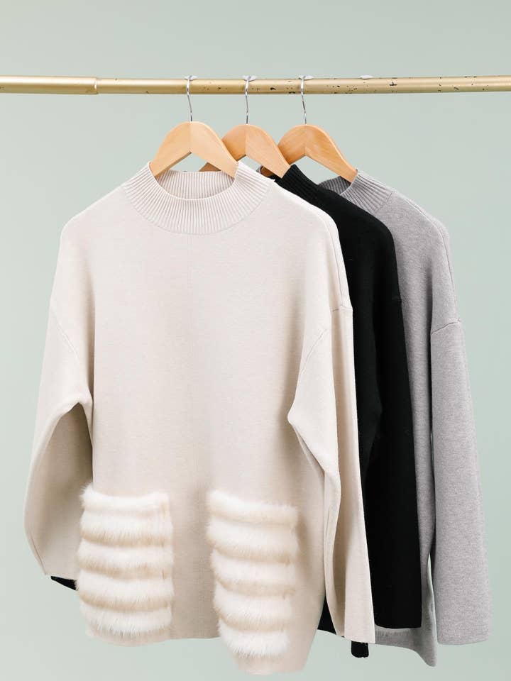 DIX-ONZE - Wholesale Knit Sweater - Women's - Comfortable High Collar Sweater – Faux Fur Pockets4
