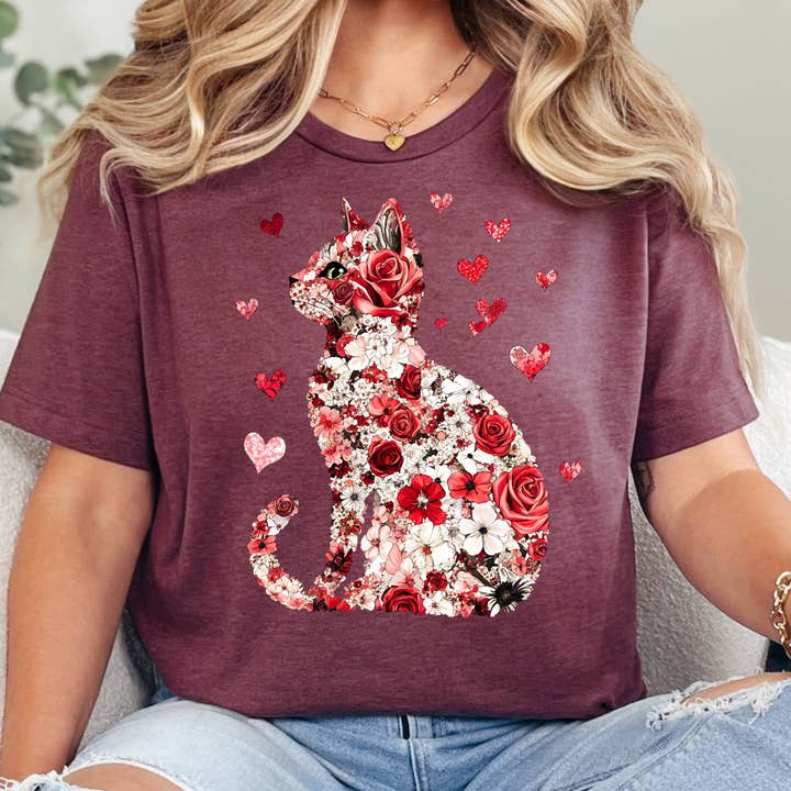 Maglietta Floreale con Gatto - Maglietta di San Valentino con Gatto per la vendita all'ingrosso da parte di The Shirt Company