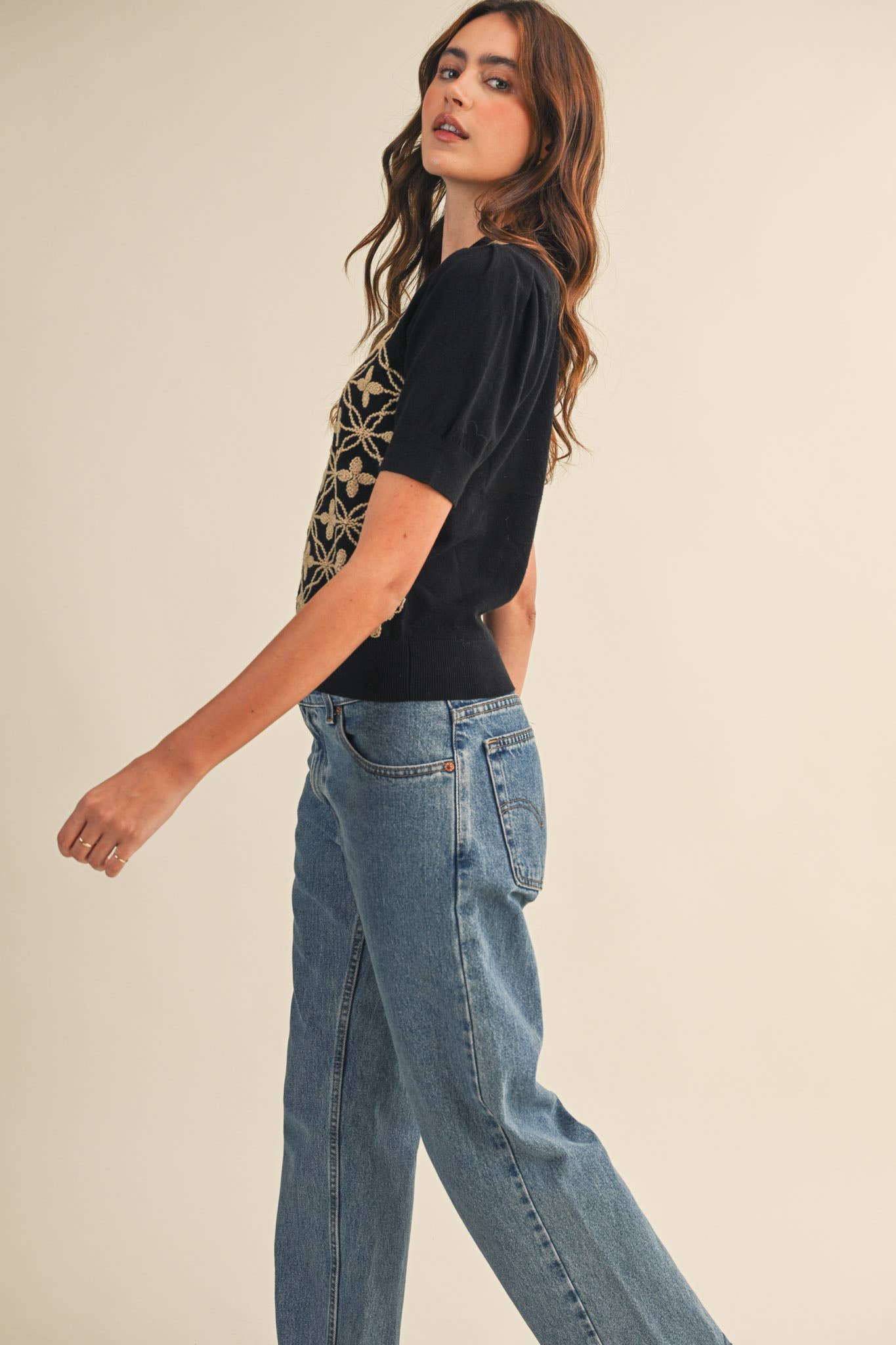 &MERCI - Wholesale Knit Sweater - Women's - SHORT PUFF SLEEVE EMBROIDERY FRONT SWEATER MSW108327