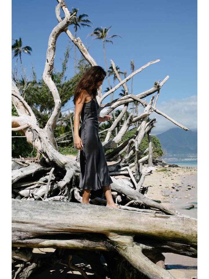 Ocean Prairie - Wholesale Dress - Women's - Botanical Dyed Mulberry Silk Slip Dress in Slate