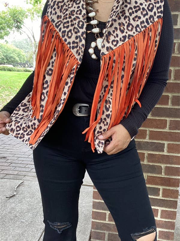 BQ13932 Leopard printed orange long tassel/fringe women vest for wholesale by luluclothes
