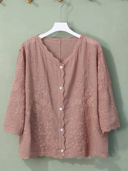 Vintage alsidig broderet blomsterbomulds cardiganskjorte for engroshandel hos Whisper Mint