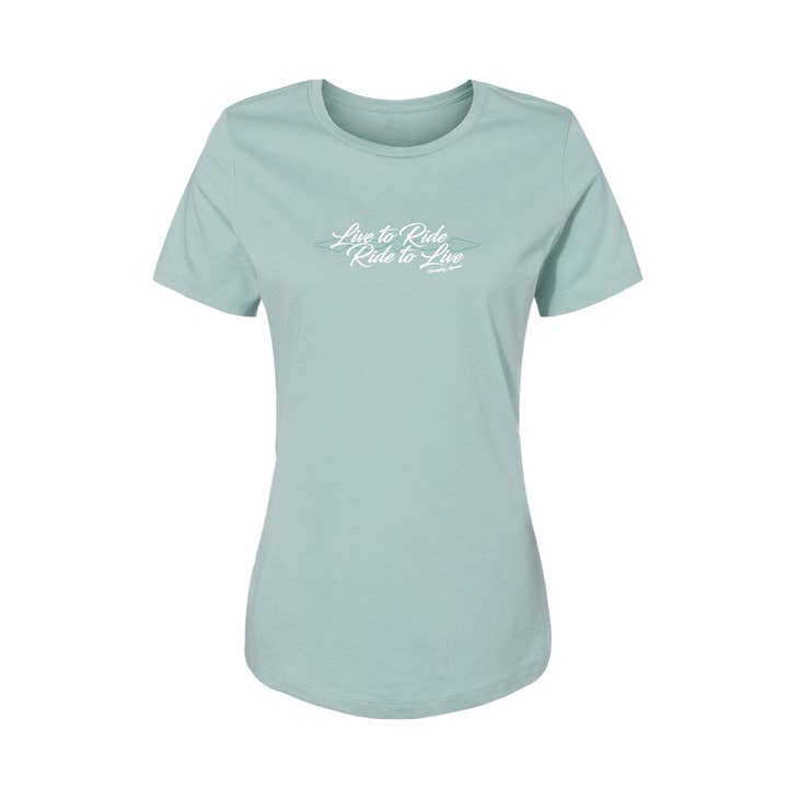 Live To Ride Tee: Ladies Sea Spray Blue for wholesale by Horseplay Apparel