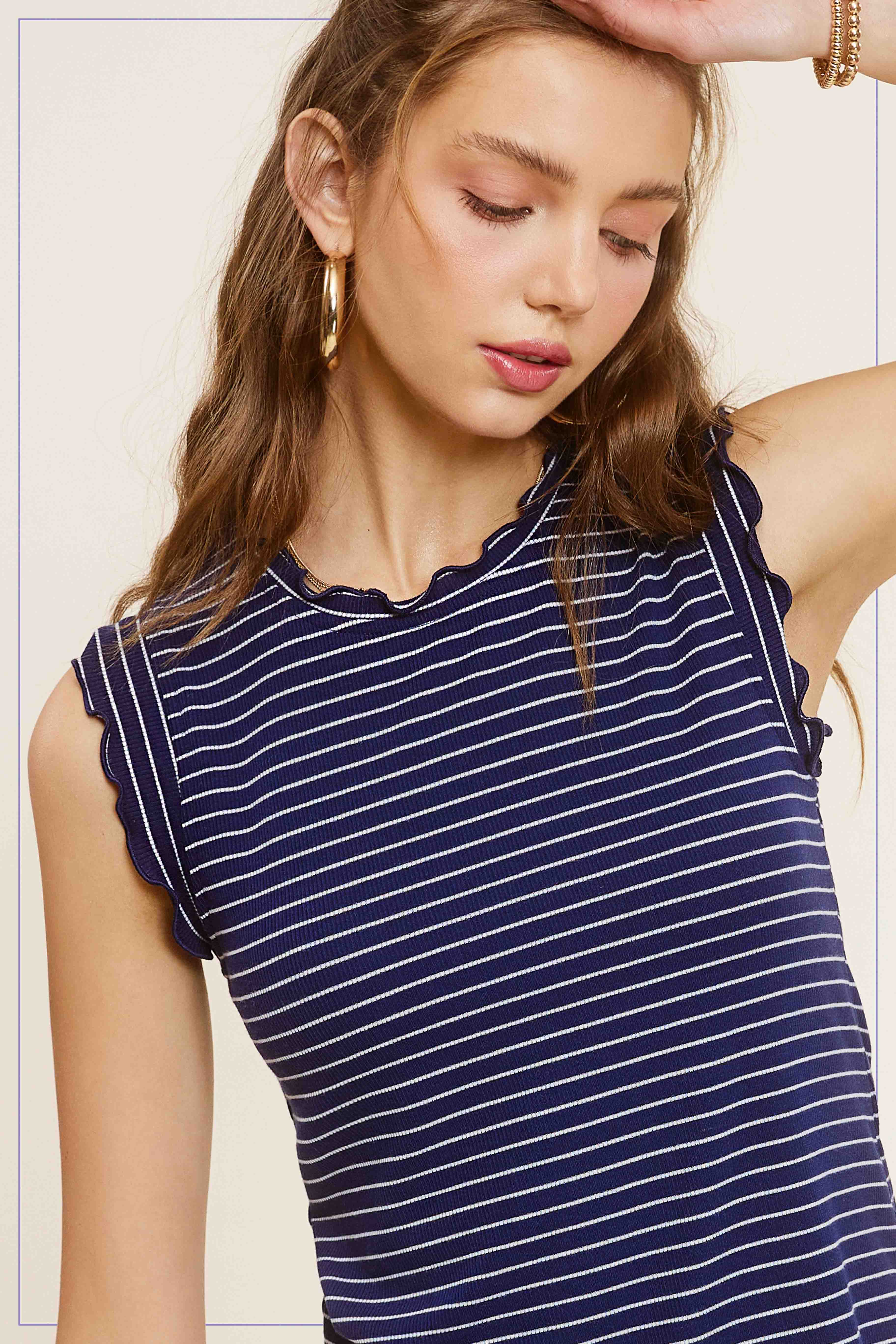 La Miel – wholesale Tank top – Women′s – HCT7692-Stretchy Brushed Ruffle Sleeve Stripe Tank Top19
