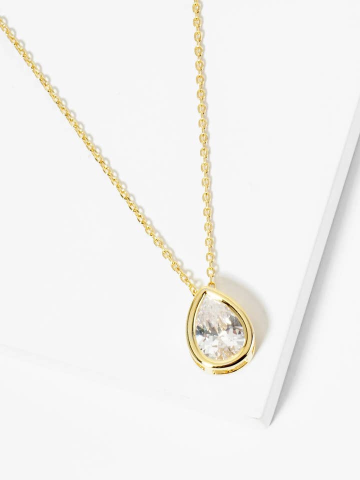 18K Gold Dipped 12Mm Bezel Set Cz Teardrop Pendant Necklace for wholesale by Wild Honey