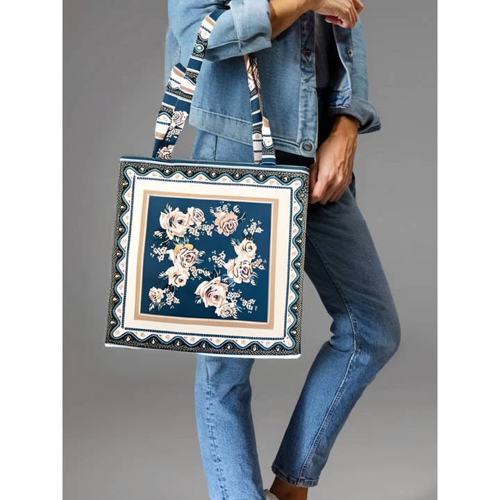JC Sunny Fashion - Vente Tote bag – femme - Sac à bandoulière premium inspiré de l'art - Floral bordé de bleu sarcelle1
