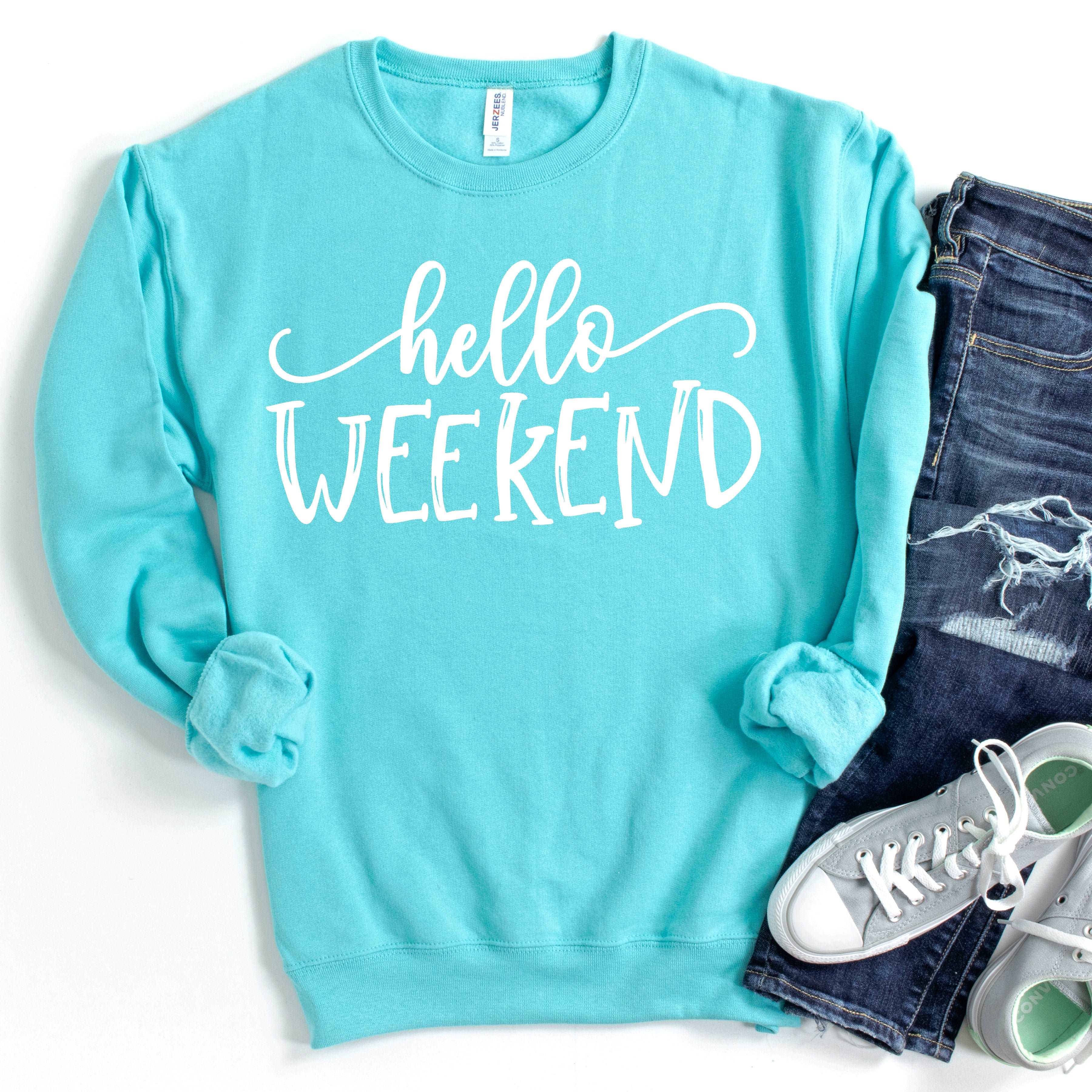 Sunfire Tees - Wholesale Graphic Sweatshirt - Women's - Hello Weekend - heather sea green2