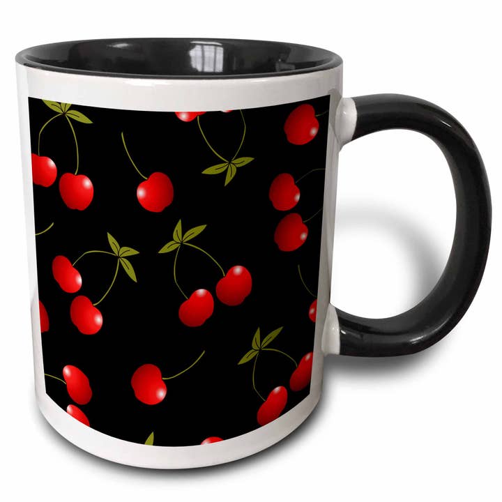 11oz Two-Tone Black Mug Cherry Print Juicy Red Cherries on B for wholesale by 3dRose