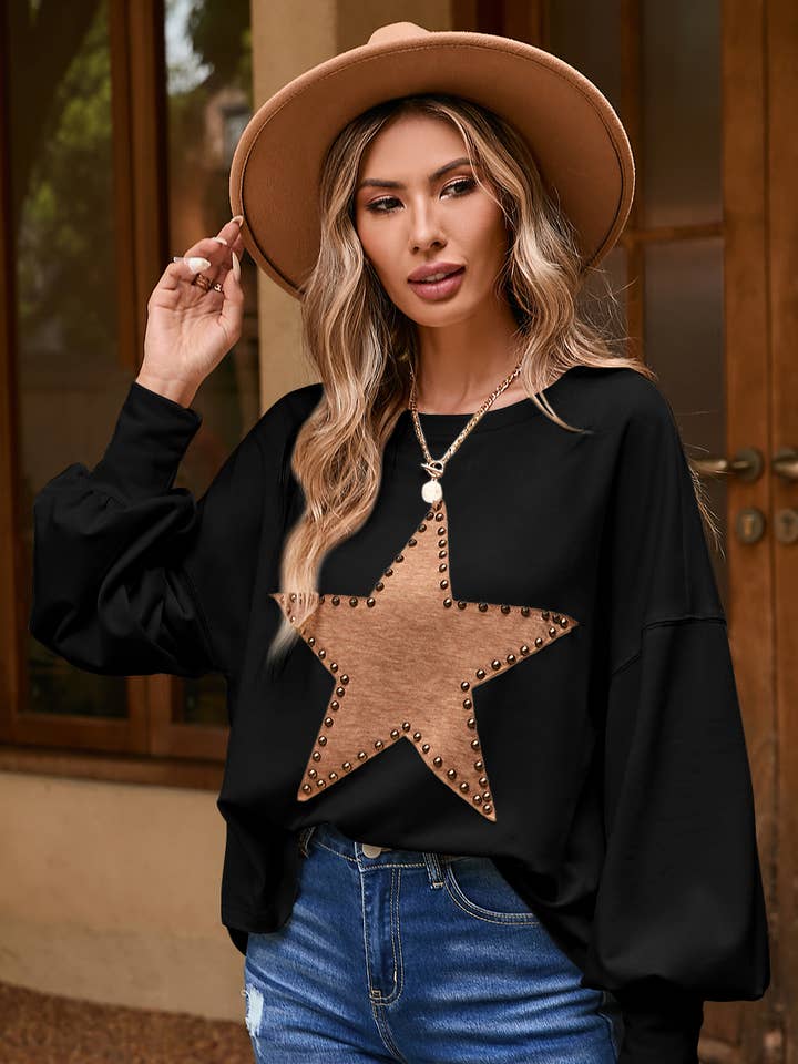 Little Daisy Closet - Wholesale Knit Top - Women's - LDC Studded Star Graphic Oversized Top
