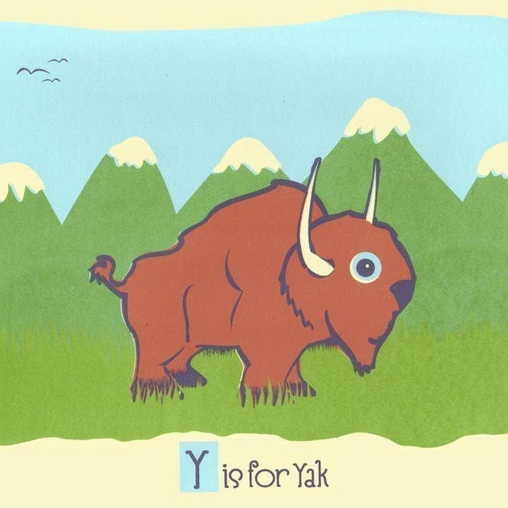 Alphabet Impression Animal Nursery Art - Y Is for Yak - Main pour la vente par strawberryluna