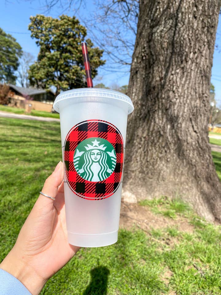 Personalized Red Buffalo Check Design Reusable Starbucks Cup for wholesale by Lovely JEN's Designs
