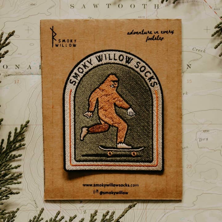 Skater Squatch Patch for wholesale by Smoky Willow Socks