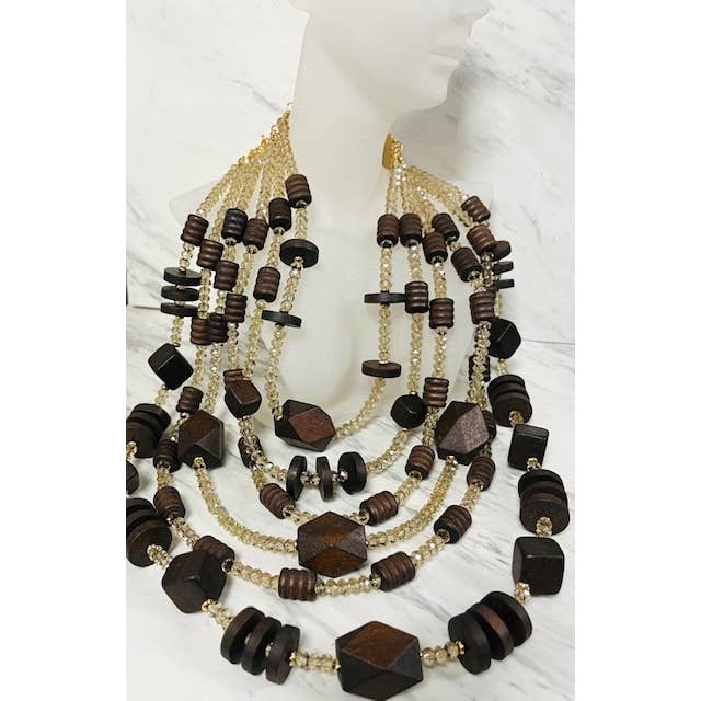 Crystal & Wood Multi Strand Statement Necklace for wholesale by Anita K By Blushing Pink