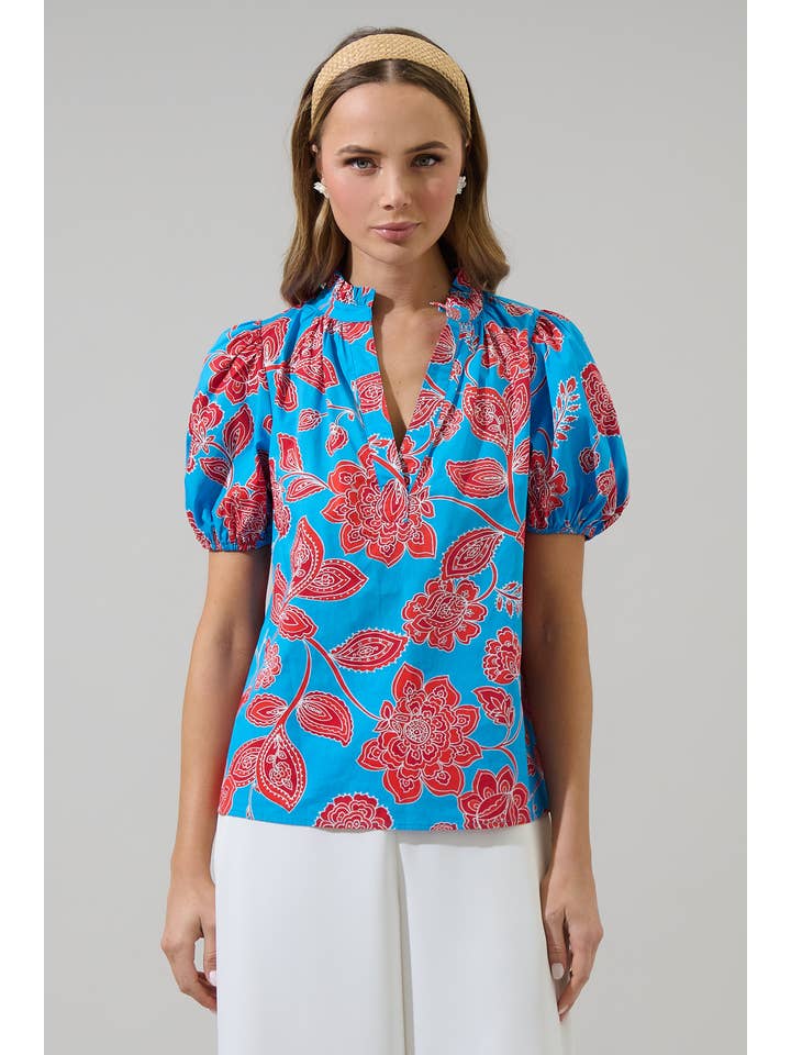 BLUE RED MULTI Ripon Floral Close to You Split Neck Top for wholesale on Faire