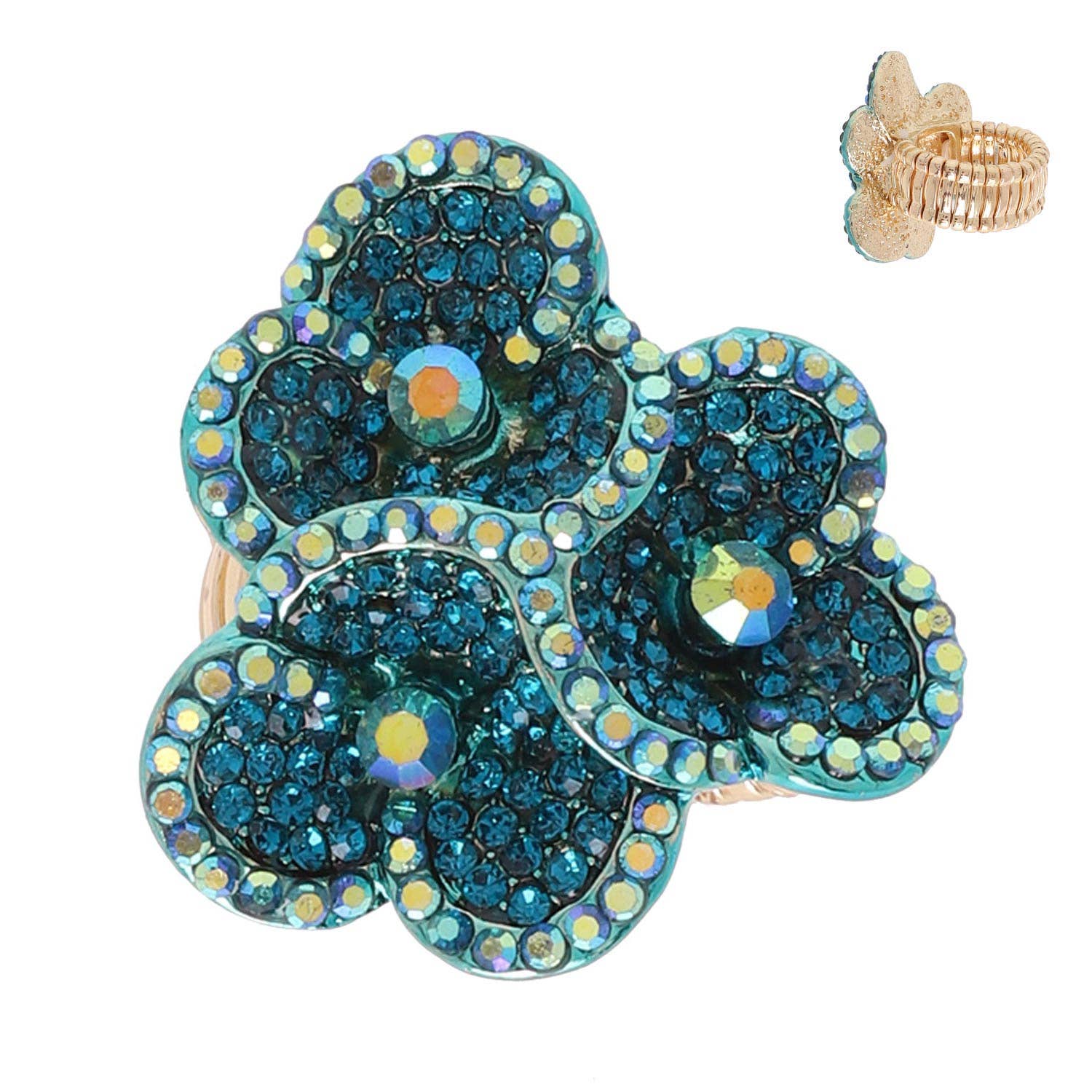 SP Sophia Collection - Wholesale Cocktail/Statement Ring - Crystal Rhinestone Floral Bouquet Stretch Ring0