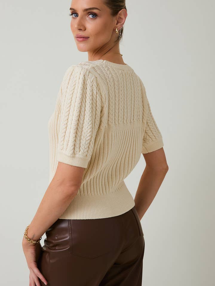 Sunday Edition by LE LIS - Wholesale Knit Sweater - Women's - ROUND NECK PUFF SHORT SLEEVE CABLE SWEATER2