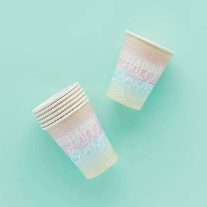 Hootyballoo by Club Green – wholesale Disposable cup – Eco Rainbow 'Happy Birthday' Paper Cups 8 Pack