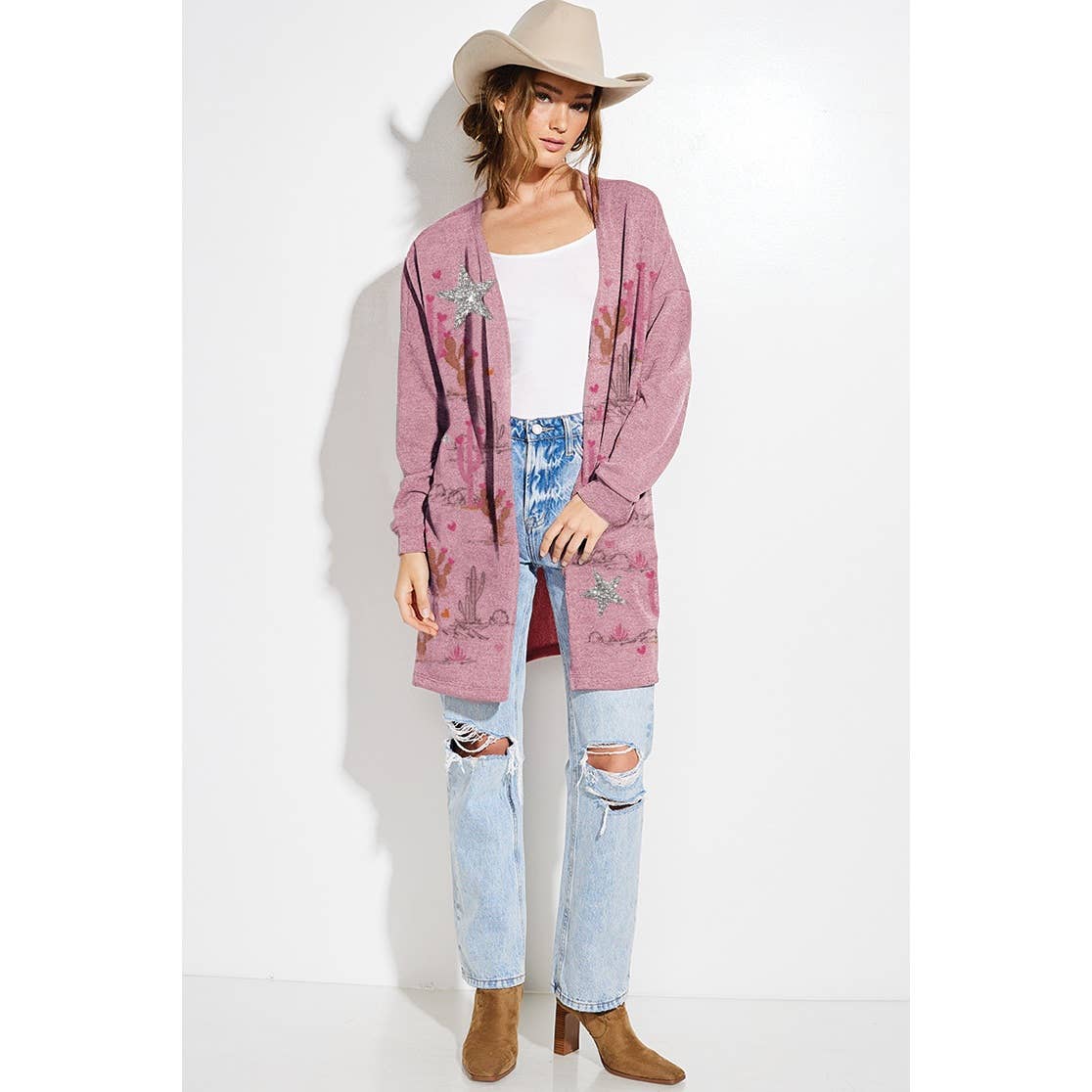 Phil Love – Großhandel Strickjacke – Damen – Wüstenkaktus Stern Glitzerprint Strickjacke14