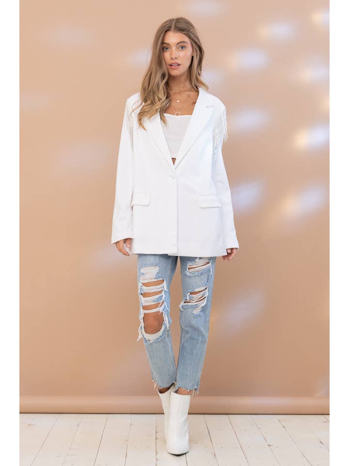 IVOOR Stretch boyfriend blazer met rhinestone franjes op de schouders voor groothandel op Faire4