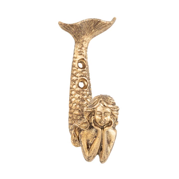 Silver Tree Home & Holiday - Wholesale Wall Hook - A01047: Gold electro plated cast pewter mermaid hook,3in0