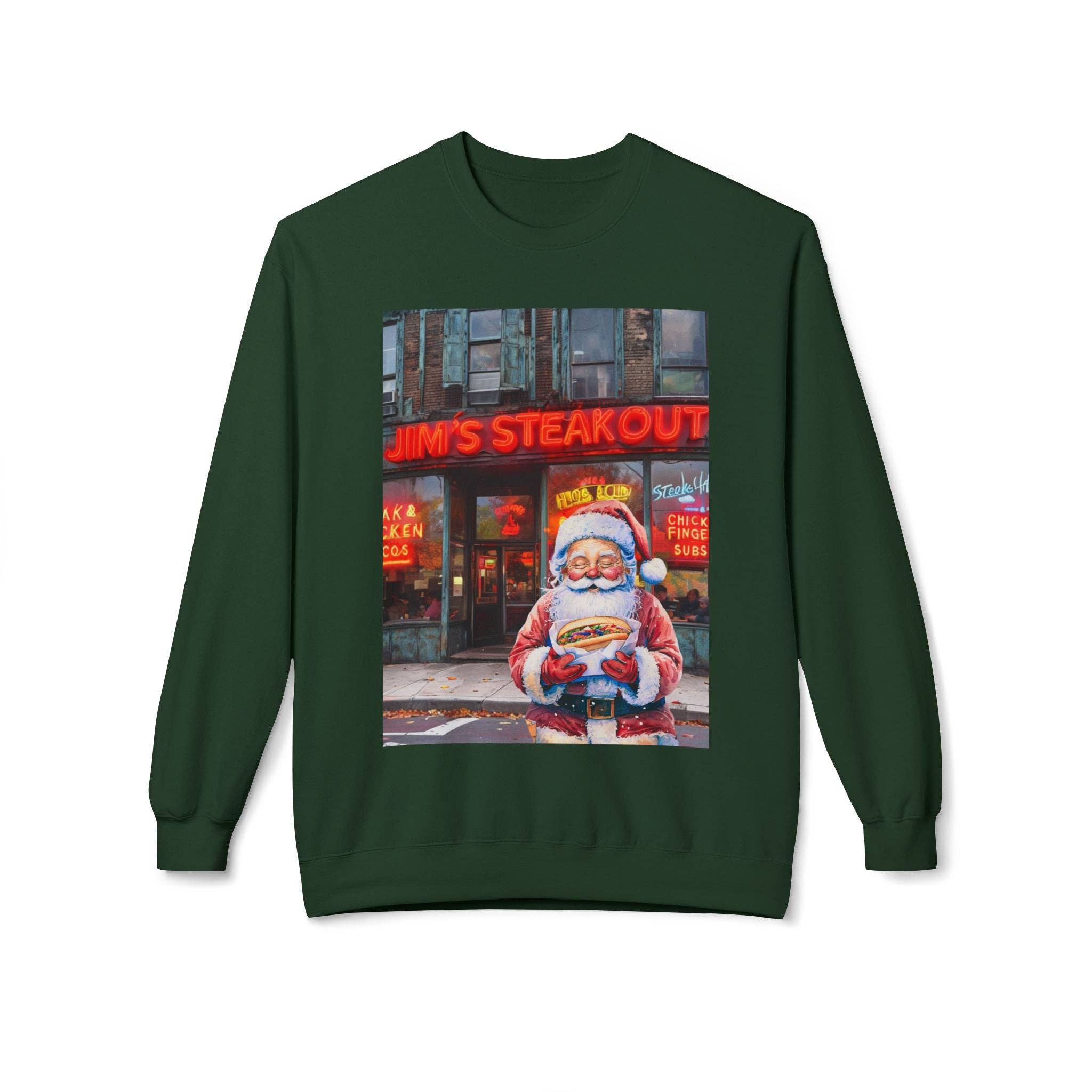 Buffalovely - Wholesale Graphic Sweatshirt - Unisex - Santa with a Hoagie at Jim's Steakout Unisex Cozy Crewneck Sweatshirt9