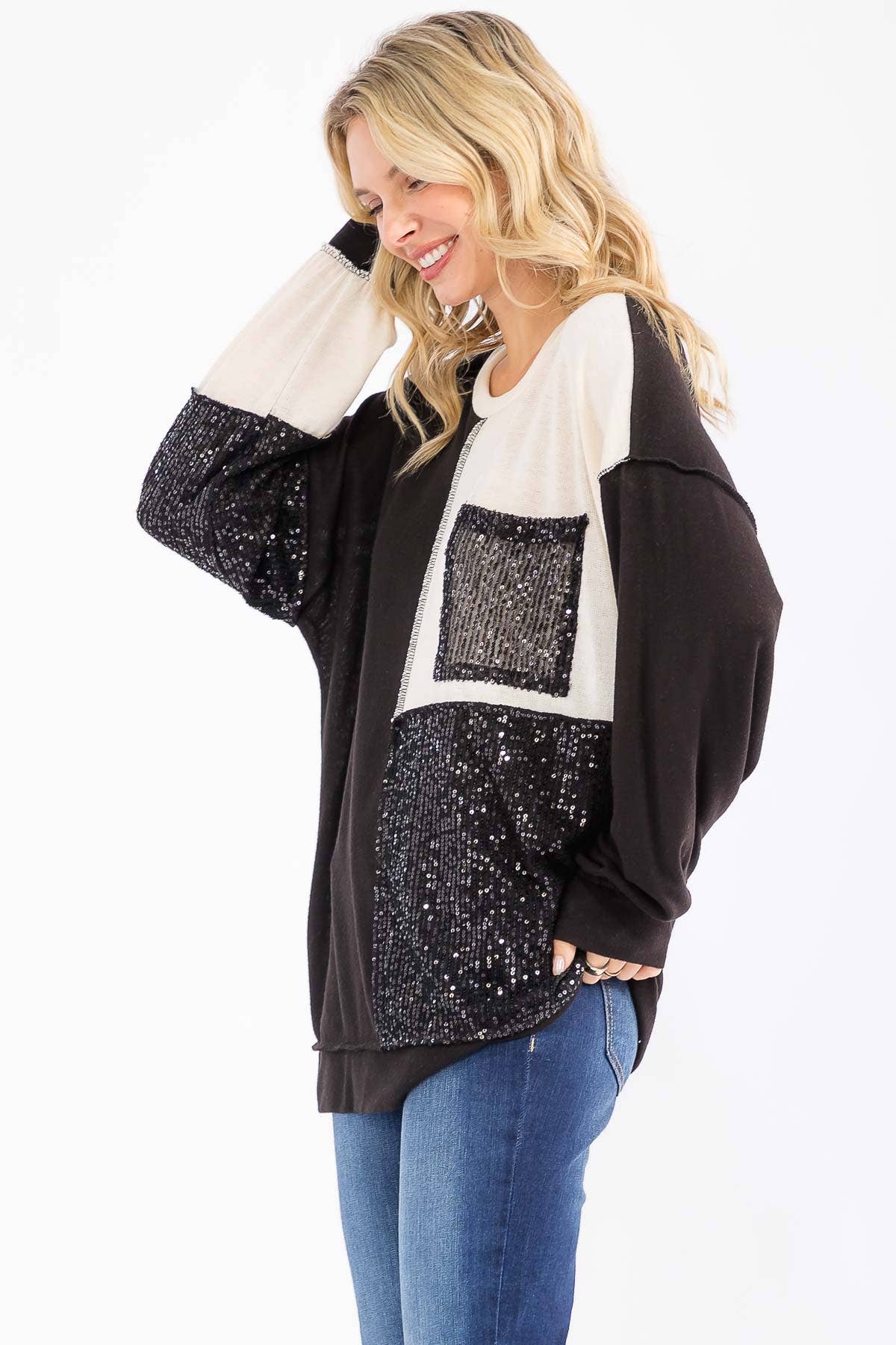 7th Ray – Sweatshirt - Mulher por atacado – Top de Manga Comprida com Bolso Patchwork de Lantejoulas T606015