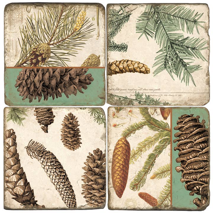 Pinecone Botanical - Tumbled Marble Coasters Set/4 för wholesale av Studio Vertu
