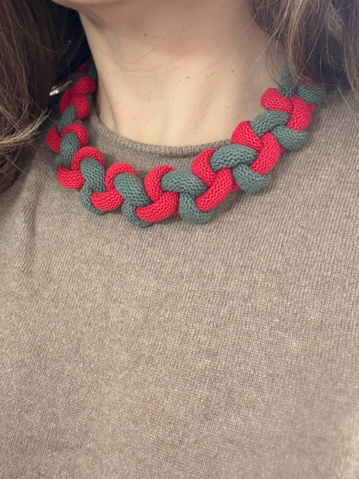 Bold Braided Cotton Necklace – Colourblock Textile Jewellery Khaki and Red for wholesale by Pretty Pink Eco-Jewellery