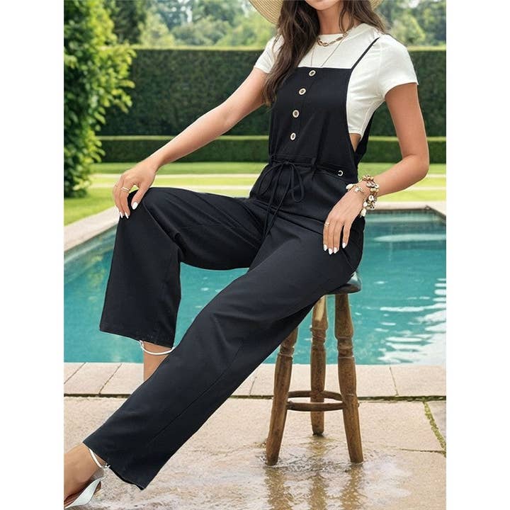 Black Lace-Up Waist Button Suspender Jumpsuit for wholesale on Faire3