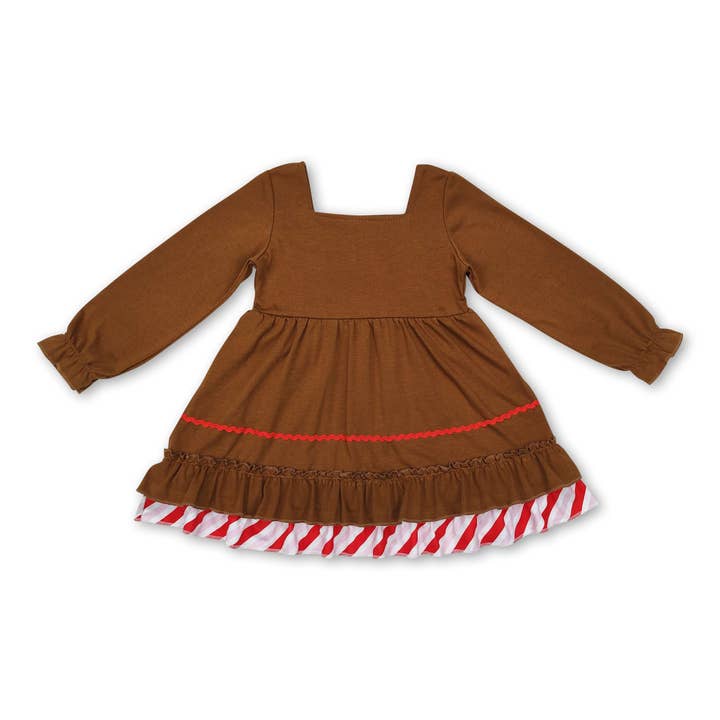 Yawoo Garments - Wholesale Dress - Kids - Long sleeves bow ruffle gingerbread girls Christmas dress