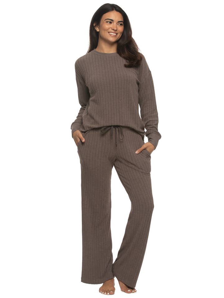Serena Brushed Rib V-neck Pullover and Pants Set - Shale for wholesale by Felina