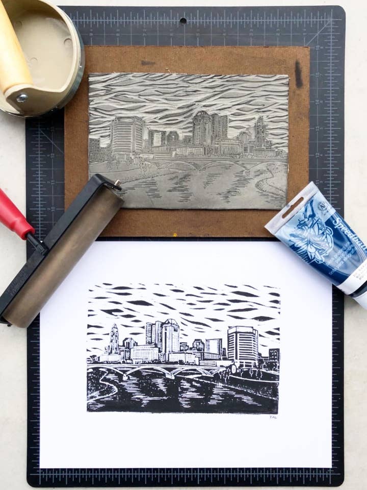 Columbus Skyline Linoleum Print for wholesale by KatieMcKDesigns