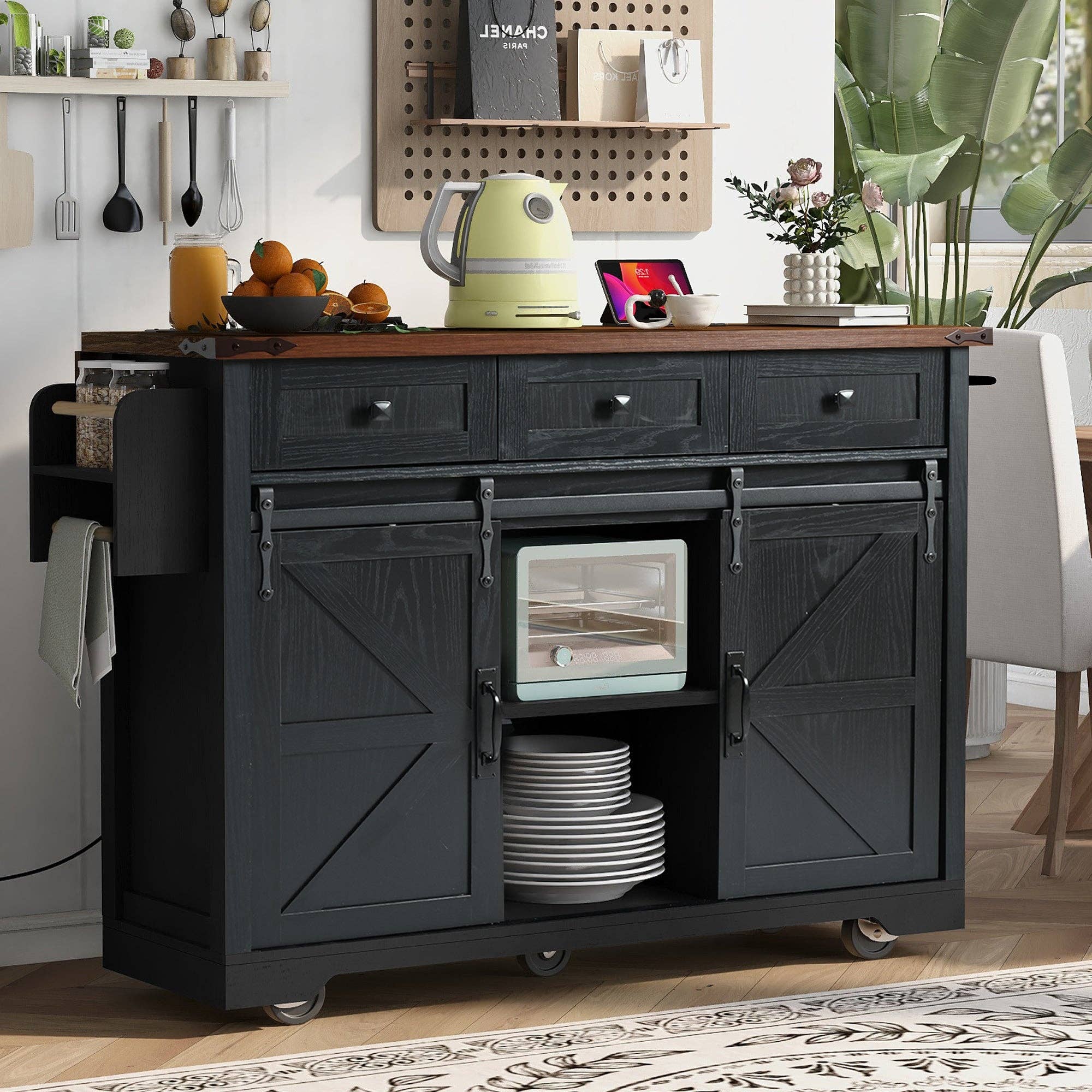 Orange County Decor - Wholesale Kitchen Storage/Organizer - K&K 53.7" Farmhouse Kitchen Island With Power Outlet, 2 Sliding Barn Door Kitchen Storage Island With Drop Leaf, Spice Rack Rolling Kitchen Cart On Wheels, For Home, Kitchen And Dining Room, Black15