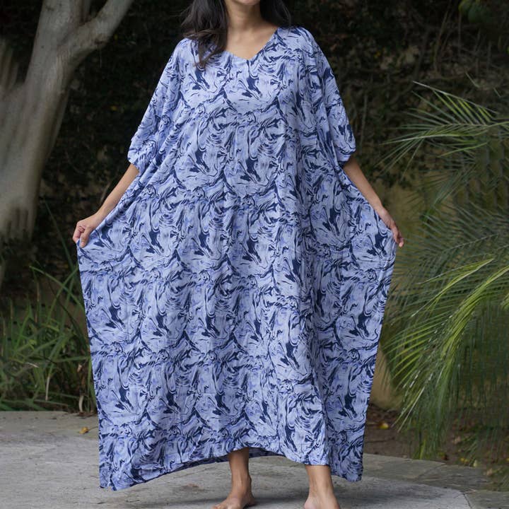 Kaftan Dress Rayon Blue Marble Lightweight for wholesale by Kasih Co-op