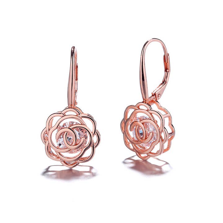 Amy and Annette - Wholesale Dangle Earrings - 14K Gold Caged with crystals Rose Lever Back Earrings2