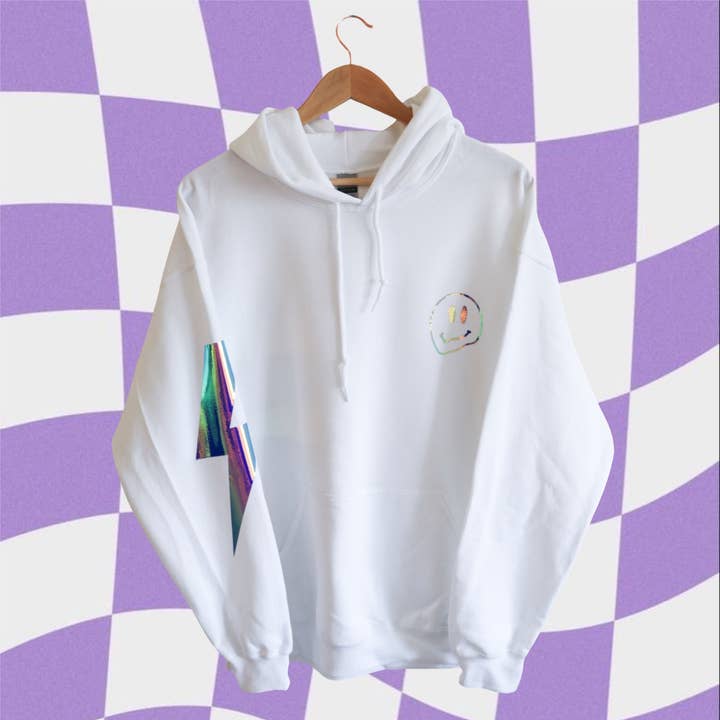 Holographic Lightning Smiley Hoodie for wholesale by Totally Tina Co.