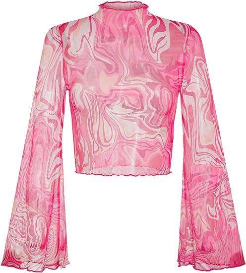 Sweetkama – wholesale Knit top – Women's – Ladies Print Flare Sleeves Mesh Crop Top SKT24174