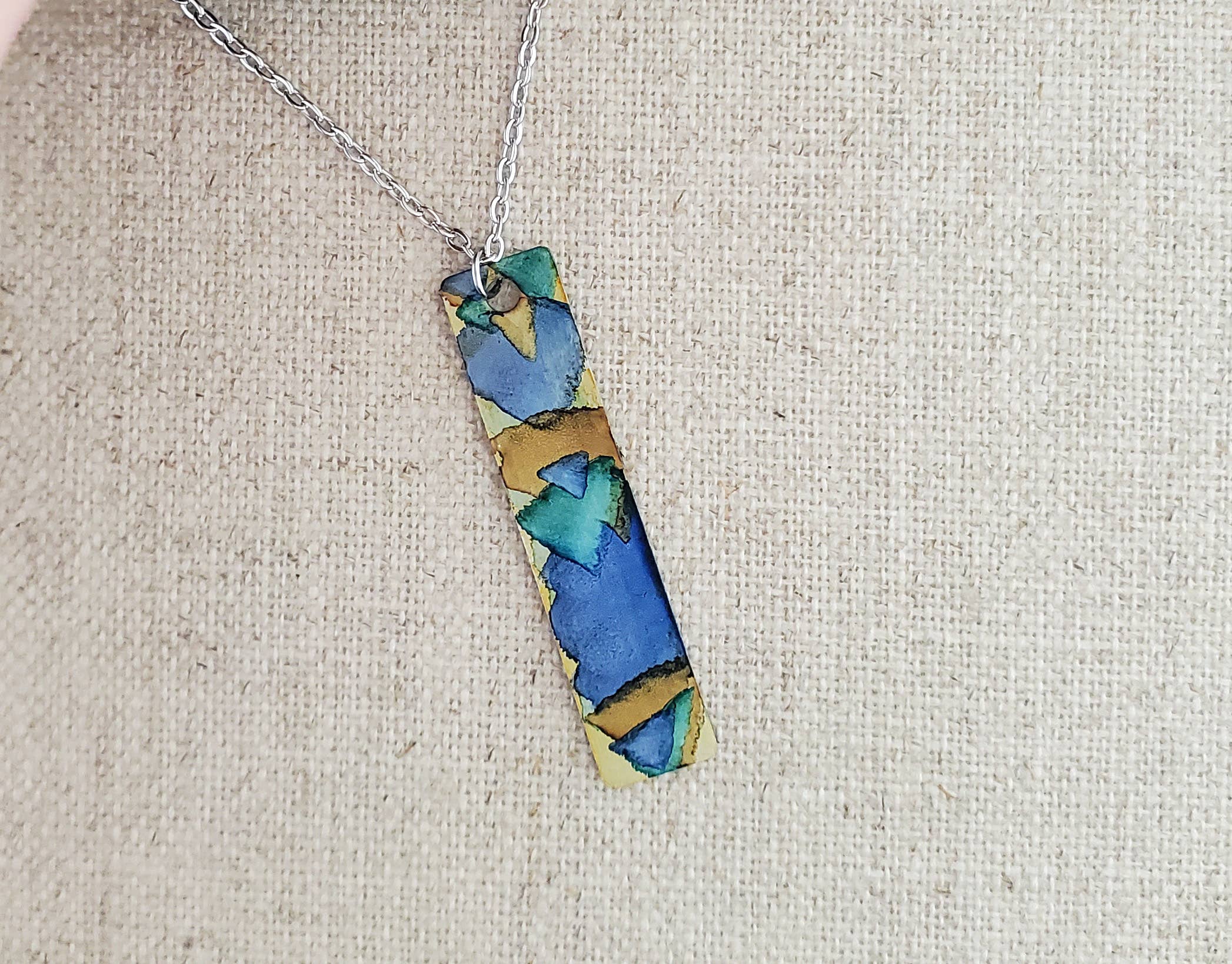 Covaly Artisan Jewelry - Wholesale Pendant/Charm Necklace - Alcohol Ink  Stainless Steel Thin Rectangle Necklace1