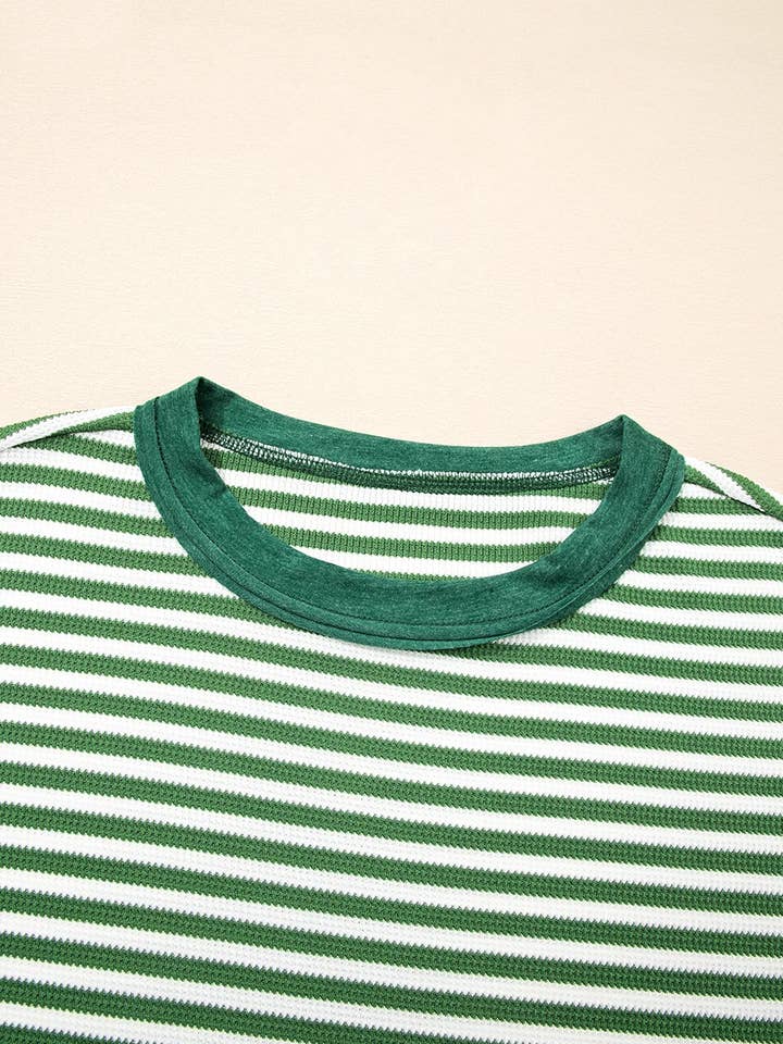 Green Stripe Exposed Seam Patchwork Plus Size Thermal Top for wholesale on Faire5