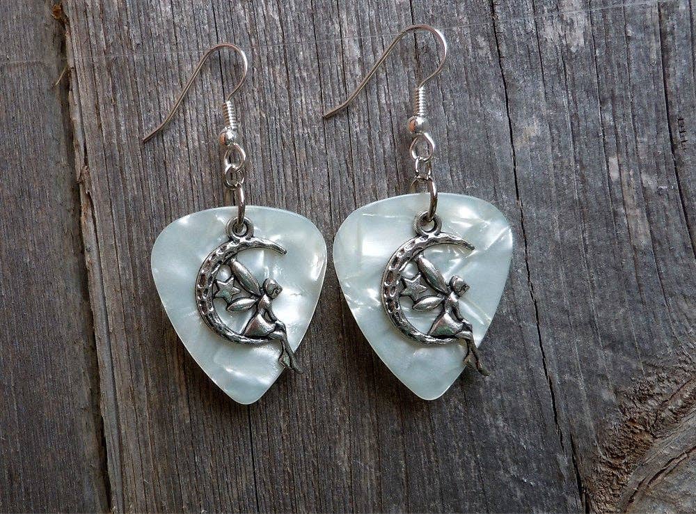 Simply Raevyn - Wholesale Dangle Earrings - Fairy on the Half Moon Charm Guitar Pick Earrings12