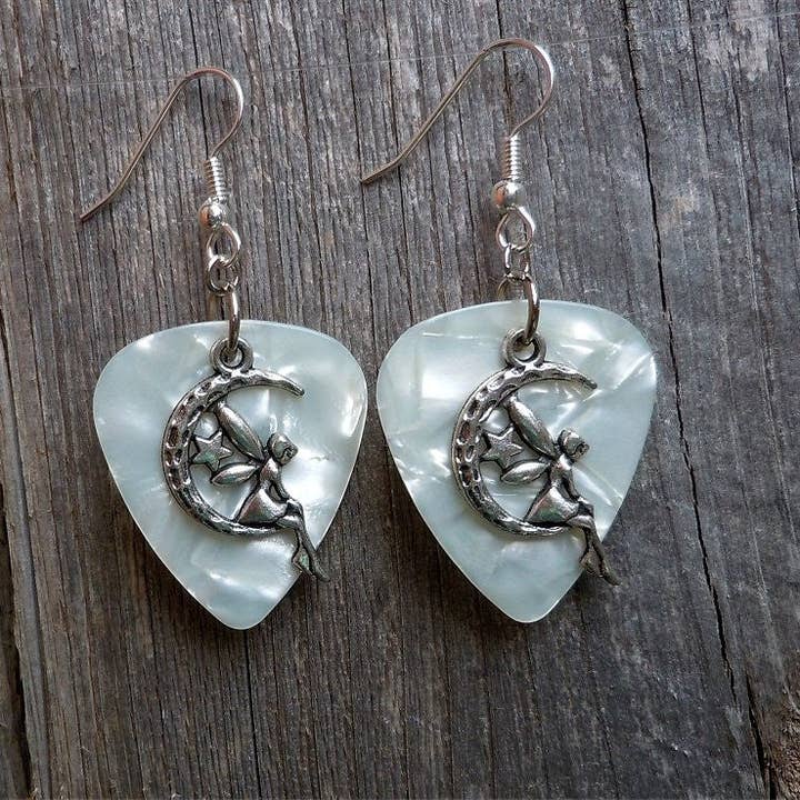 Simply Raevyn - Wholesale Dangle Earrings - Fairy on the Half Moon Charm Guitar Pick Earrings12