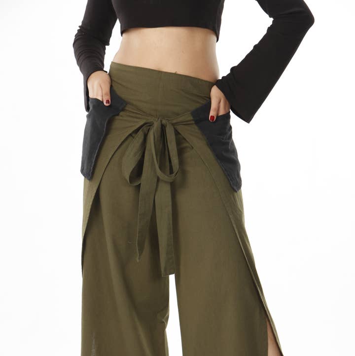 fine cotton wrap fishermans pants with patch pockets for wholesale by Avatar Imports LLC