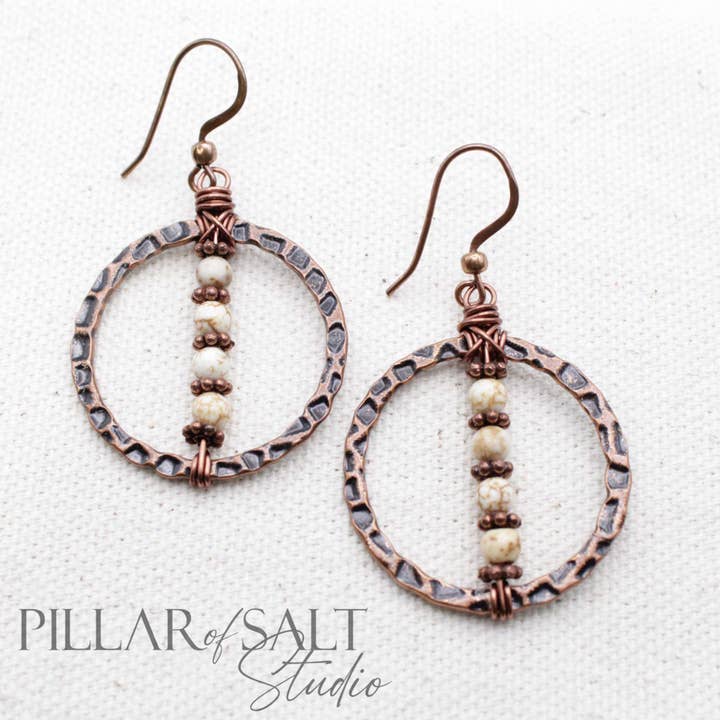 Copper Hammered Circle & White Magnesite Handmade Earrings for wholesale by Pillar of Salt Studio