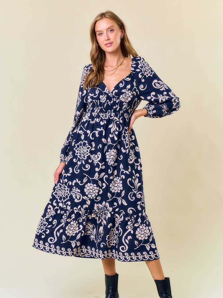 Midi-jurk met lange mouwen en bloemenprint - 27810D voor wholesale door Doe and Rae