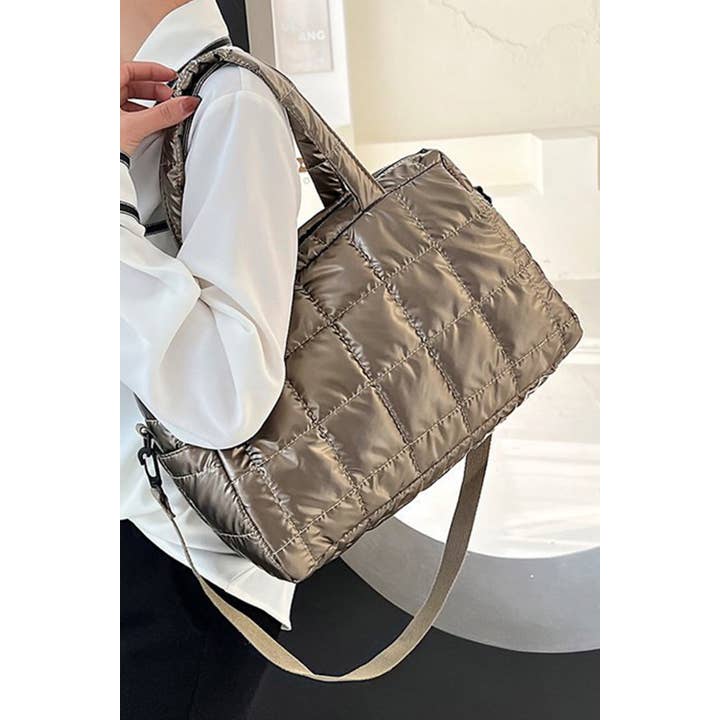 As shown Gold Chic Quilted Puffer Tote Bag for wholesale on Faire1